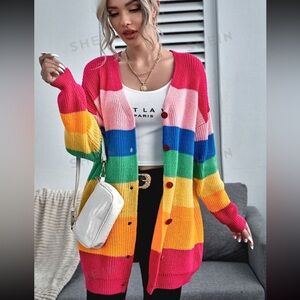 Rainbow Stripe Button Up Drop Shoulder Cardigan
